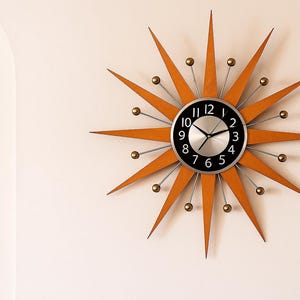 Mid Century Modern Starburst Wall Clock: Handmade Atomic Decor with Gold Accents