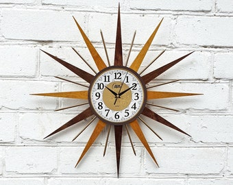 22"  Starburst wall clock Two colors Gold George Nelson style Handmade 1970s sunburst vintage modern Brass  Industrial clock