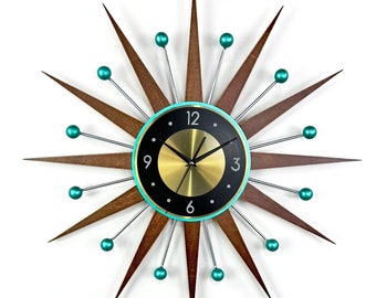 30" 27" Turquoise Atomic wall clock Silver Starburst Clock George Nelson style Handmade 1970s sunburst Large clock vintage Industrial clock