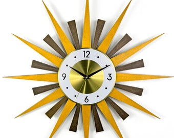 26"  Starburst wood wall clock George Nelson Handmade 1970s style sunburst vintage modern Brass  Industrial clock