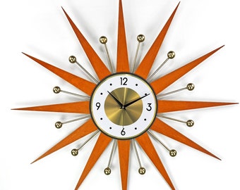 30" 26" Burnt orange Atomic wall clock Starburst Clock George Nelson style 1970s Brass Gold Large clock vintage modern Industrial clock