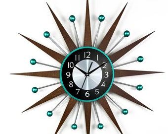 30" 27" Turquoise Atomic wall clock Silver Starburst Clock George Nelson style Handmade 1970s sunburst Large clock vintage Industrial clock