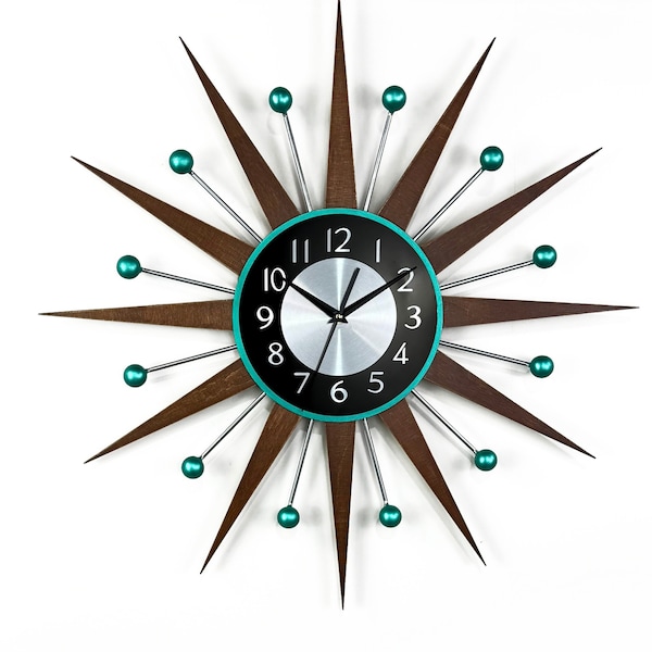 30" 27" Turquoise Atomic wall clock Silver Starburst Clock George Nelson style Handmade 1970s sunburst Large clock vintage Industrial clock