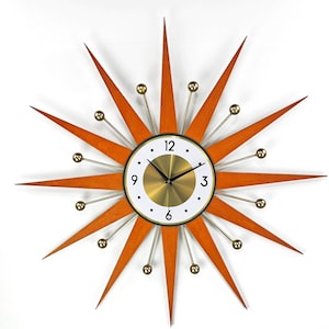 30" 26" Burnt orange Atomic wall clock Starburst Clock George Nelson style 1970s Brass Gold Large clock vintage modern Industrial clock