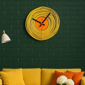 Orologio da parete grande in filo di metallo arancione bruciato giallo Pop Art da 12 pollici, stile Japandi, stile retrò anni '70, orologio da parete di grandi dimensioni, orologio unico