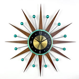 30 27 Turquoise Atomic wall clock Silver Starburst Clock George Nelson style Handmade 1970s sunburst Large clock vintage Industrial clock image 1