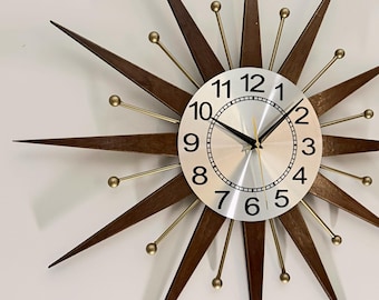 Mid Century Modern Sunburst Wall Clock, Atomic Style, Brass Accents
