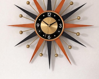 Mid Century Starburst Wall Clock, 27/30 Inch, Black & Burnt Orange Rays, Atomic Decor