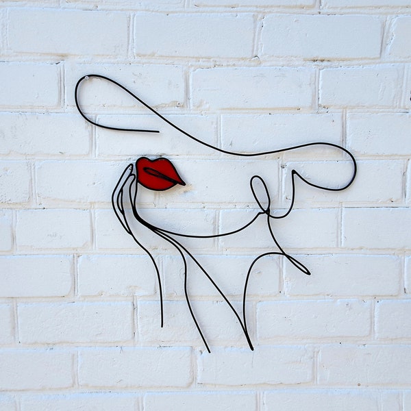 Woman face Red lips face Wall art with red Large Abstract Face Wire sculpture Geometric art Wire Stand sculpture Mid Century Modern