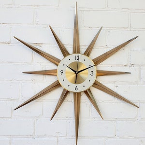 30 Gold Atomic clock Starburst unique wall clock George Nelson style Handmade 1970s sunburst vintage modern Nursery Brass Industrial clock image 1