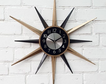30" Gold Black Atomic clock Starburst wall clock George Nelson style Handmade 1970s sunburst vintage modern Nursery Brass Industrial clock