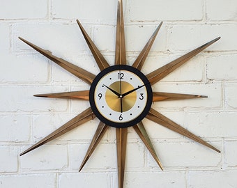 30" Gold Atomic clock Starburst wall clock George Nelson style Handmade 1970s sunburst vintage modern Nursery Brass Industrial clock