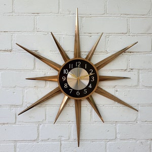 30 Gold Atomic clock Starburst unique wall clock George Nelson style Handmade 1970s sunburst vintage modern Nursery Brass Industrial clock image 1