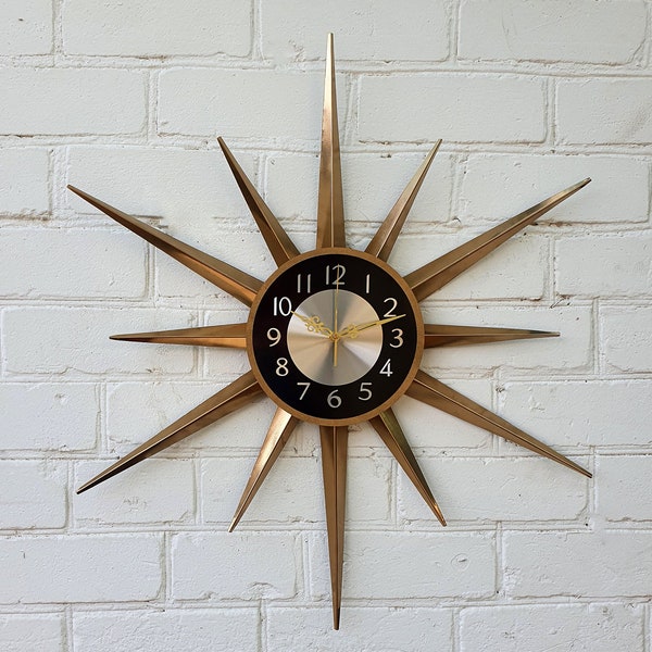 30" Gold Atomic clock Starburst unique wall clock George Nelson style Handmade 1970s sunburst vintage modern Nursery Brass Industrial clock
