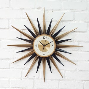 30"Black and Gold Atomic clock Starburst wall clock George Nelson style Handmade 1970 sunburst vintage modern Nursery Brass Industrial clock
