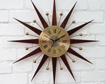 32" Atomic wall clock Starburst Clock Roman numerals George Nelson style 1970s Handmade sunburst Brass Gold Large clock vintage modern