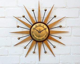 George Nelson Style Sunburst Wall Clock, 24" Brass Mid Century Atomic Decor