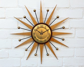 George Nelson sunburst clock 24" Mid Century atomic Clock Bright Brass wall clock Atomic decor 50s Franciscan atomic wall decor Small Clock