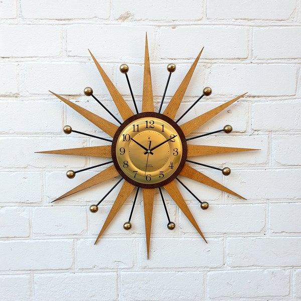 George Nelson sunburst clock 24" Mid Century atomic Clock Bright Brass wall clock Atomic decor 50s Franciscan atomic wall decor Small Clock