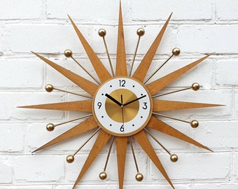 26" 30" Atomic wall clock Dark and light Starburst Clock George Nelson Handmade 1970s style sunburst Brass Gold Large clock vintage modern