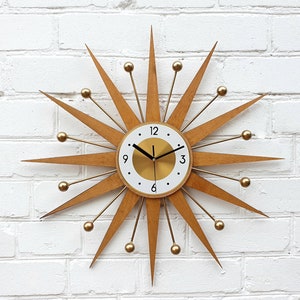Mid Century Modern Starburst Wall Clock, Retro Atomic Sunburst Clock with Gold Accents, Large Vintage Style Wall Decor 30&quot; 27&quot; 25&quot;
