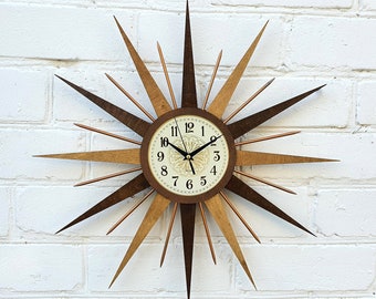 22"  Starburst wall clock Two colors Bronze George Nelson style Handmade 1970s sunburst vintage modern Brass  Industrial clock