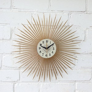 Gold Sunburst Wall Clock - Wooden Clock for Home Decor, Large Silent Clock, Vintage & Retro Vibes, Large Mid Century Kitchen Wall Clock