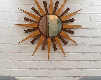 26" Handcrafted Wood Sunburst Mirror: Distressed Vintage Wall Decor