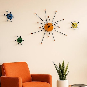 Atomic Wall Clock – Mid Century Modern Retro Art – Handmade from Steel, Iron Balls & Plywood Circles