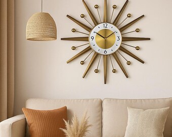 Gold Sunburst Wall Clock: Mid Century Modern Atomic Style