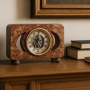May include: A decorative clock with a gold-colored face and Roman numerals, set in a brown marbled case. The clock sits on a wooden surface with books and eyeglasses. A framed picture hangs in the background.