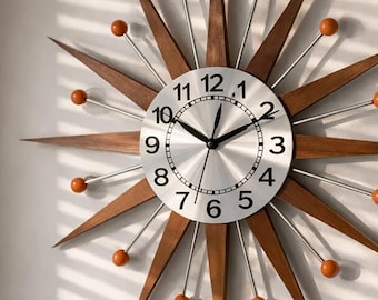 Mid Century Modern Starburst Clock, Walnut Brown & Orange Atomic Retro Accent