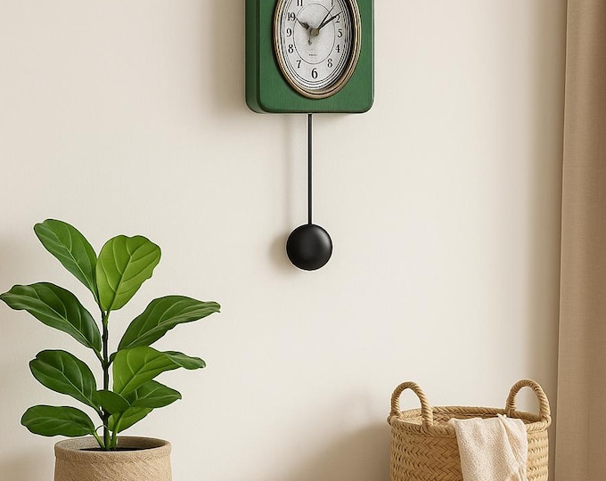 Green Oak Pendulum Wall Clock: Vintage Farmhouse Kitchen Decor