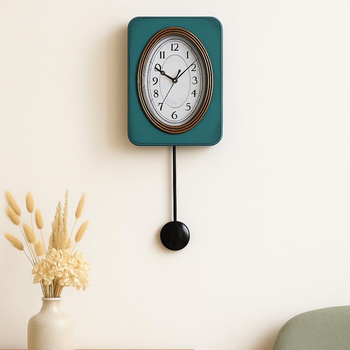 Vintage Style Oak Wall Clock With Pendulum – Teal Blue Wooden Clock, Rustic Oval Face, Quiet Quartz Movement – Mid-century Home Decor - Etsy