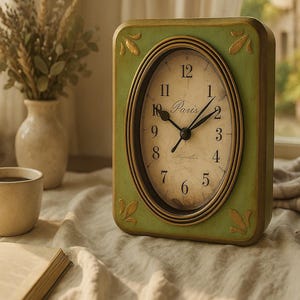 Può includere: Un orologio verde e oro in stile vintage con un quadrante ovale, che mostra la parola "Parigi". L'orologio è su un tavolo accanto a una tazza di caffè, un libro aperto e un vaso con fiori secchi. Il quadrante dell'orologio ha lancette nere.