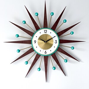 Reloj Starburst de estilo moderno de mediados de siglo: Decoración atómica con esfera turquesa