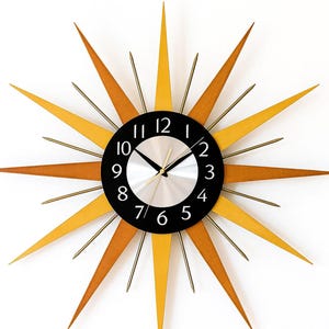 Mid Century Modern Starburst Wall Clock: Retro Yellow Orange Sunburst Decor