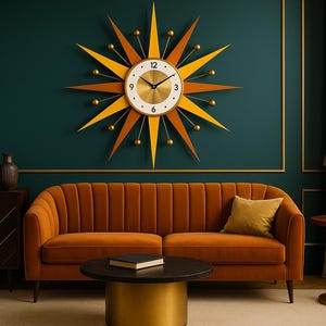 Mid Century Modern Starburst Wall Clock: Yellow & Orange Atomic Decor
