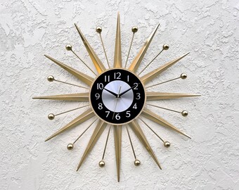 Handmade Atomic Starburst Wall Clock: 1970s Gold Brass Decor (27")