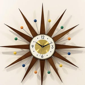 Atomic Starburst Clock, Mid Century Modern Decor, Walnut & Colorful Accents