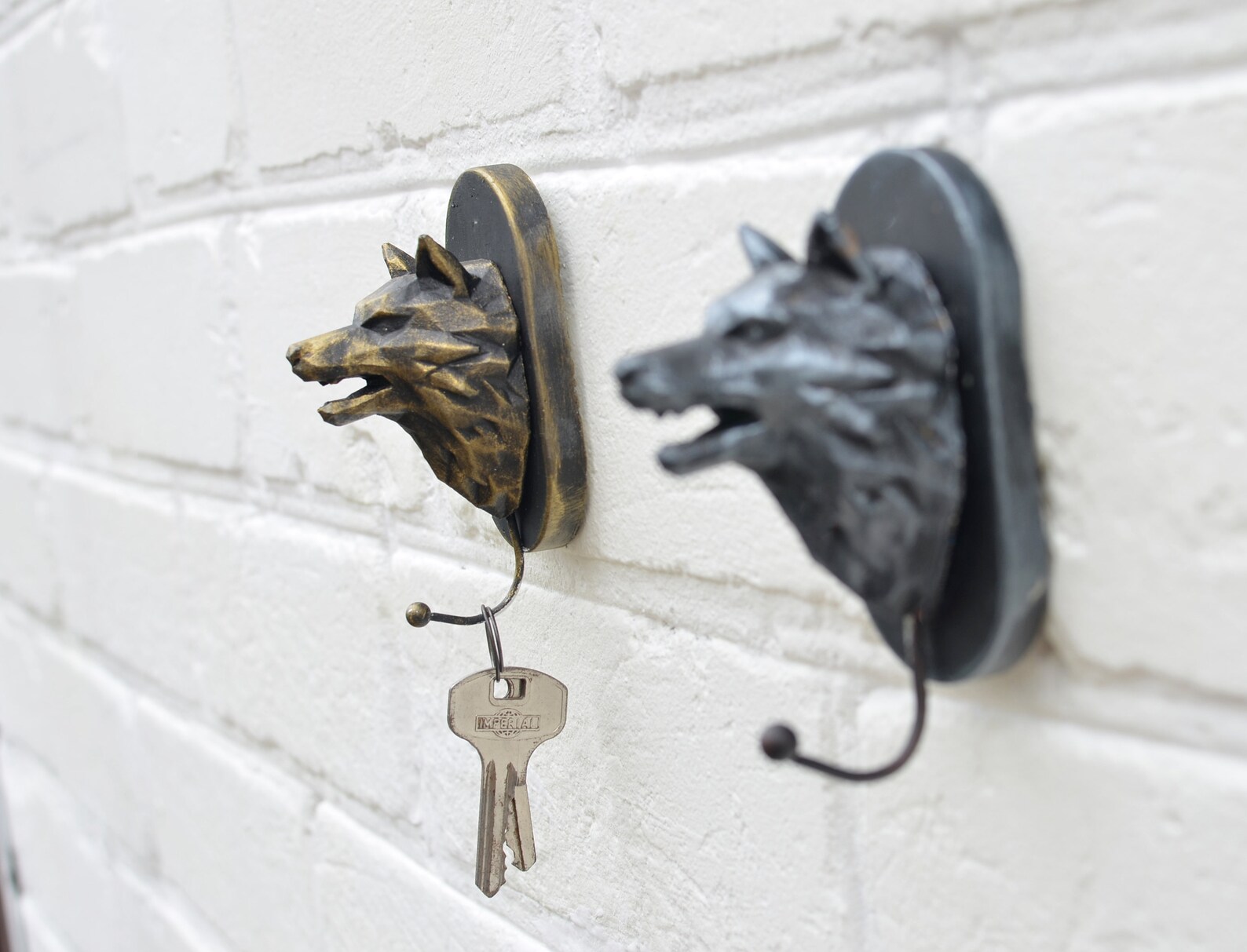 Wolf head wall hooks Stuffed animal Black and Gold Key hook Etsy
