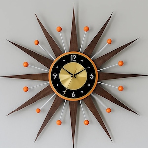 Mid-Century Starburst Wall Clock: Retro Atomic Decor with Orange Accents