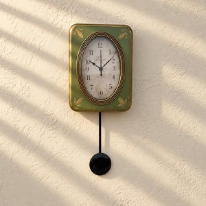 Olive Green Beech Wood Pendulum Wall Clock, Paris Dial, Silent Quartz, French Country Decor