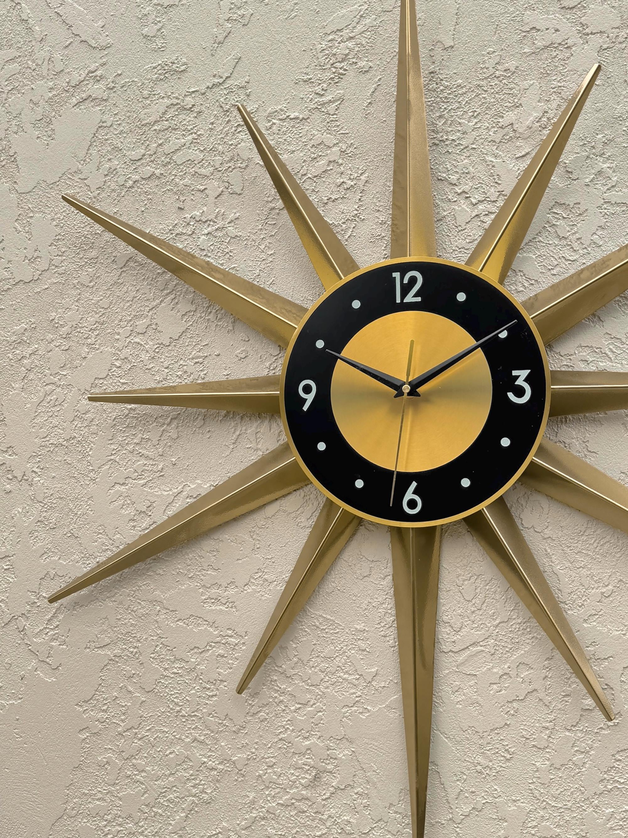 ゴールドサンバースト壁掛け時計：30インチ ミッドセンチュリーモダン