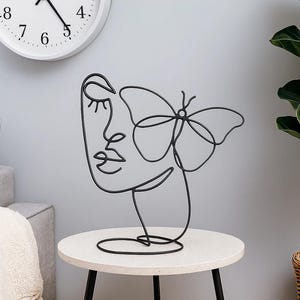 Butterfly Face Wire Sculpture – Minimalist Metal Line Art – Freestanding Steel Decor for Shelf, Desk, Gift – 14" Tall