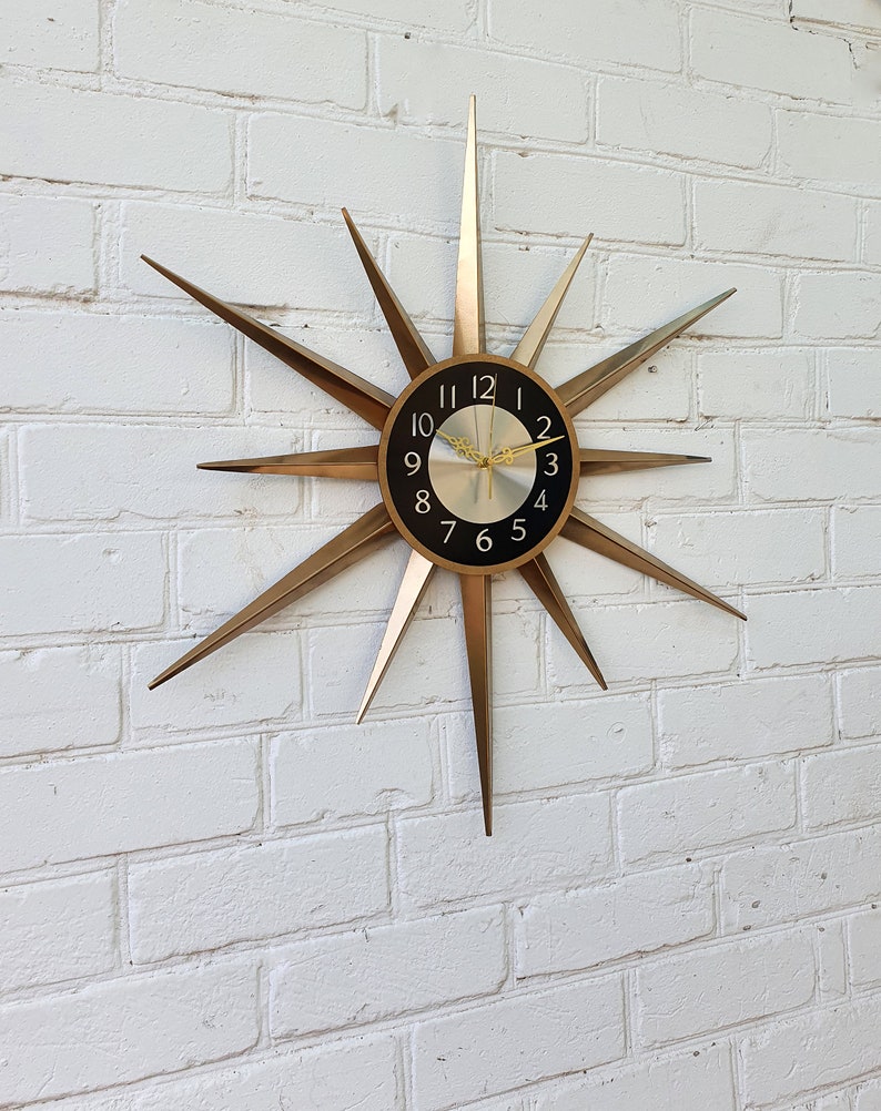 30 Gold Atomic clock Starburst unique wall clock George Nelson style Handmade 1970s sunburst vintage modern Nursery Brass Industrial clock image 2