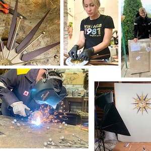 May include: A mid-century modern starburst clock with brown wooden rays and gold accents. The clock is being assembled and photographed. Other images show the clock being welded and packaged for shipping.
