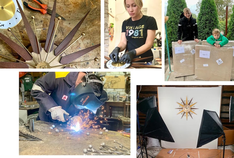 May include: A mid-century modern starburst clock with brown wooden rays and gold accents. The clock is being assembled and photographed. Other images show the clock being welded and packaged for shipping.