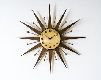Mid Century Modern Sunburst Wall Clock: Walnut & Gold Starburst Decor (22"/25")
