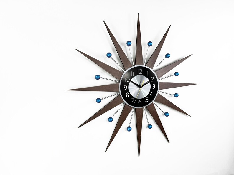 3027 Blue accents George nelson sunburst clock Unique Wall Clock in 1970s style Starburst clock mid century Large wall clock image 1